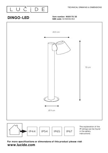 Lucide DINGO-LED - Sokkellamp Buiten - LED Dimb. - GU10 - 1x5W 3000K - IP44 - Antraciet - technisch